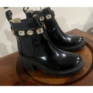 Gucci Trip GG Jewel Strap Lug Sole Leather Combat Chelsea Boots  Size 39 8.5